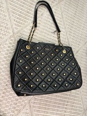 DKNY Black Quilted Leather Tote with Gold Stud Accents